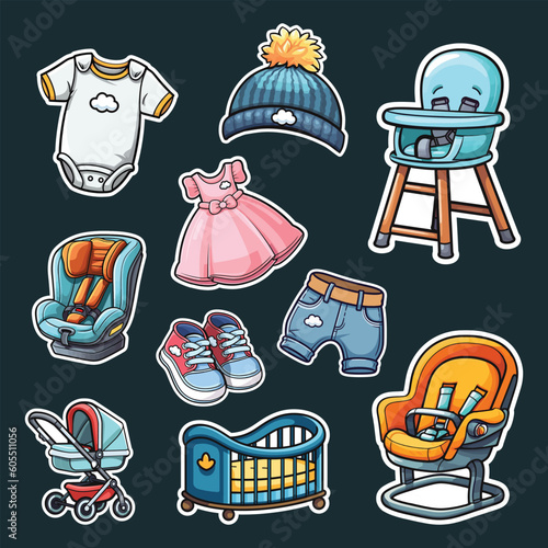 Set of Baby Care Stuff Cute Sticker Set Illustration