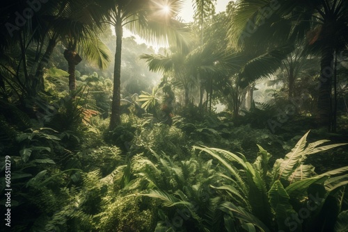 Lush palm trees, green rainforest foliage. Generative AI