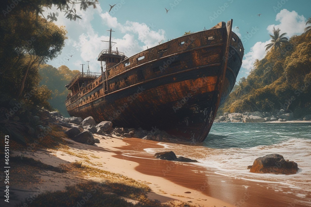An oil painting of a shipwreck on a tropical beach. Generative AI