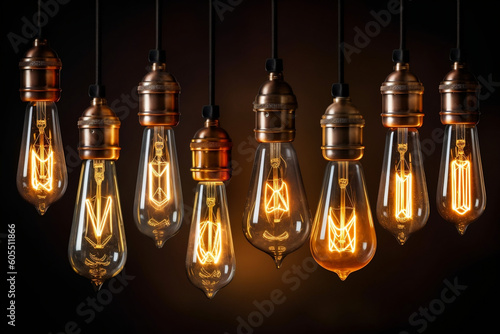 Radiant Vintage Light Bulbs for Cafe and Restaurant Decoration - Retro Edison Style on Dark Background, generative AI