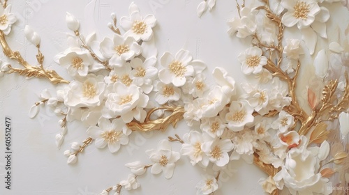 White flowers textured backdrops background with a lot of little ethereal florals, Chinese floral painting, white cream and tan colors with gold accents Generative AI