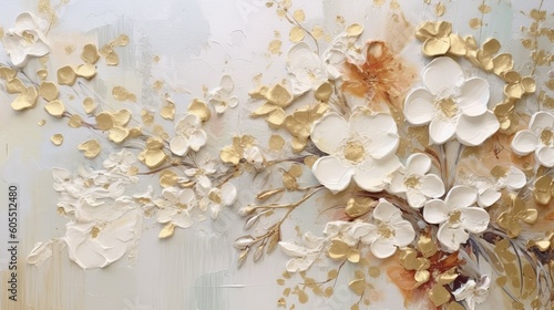 White flowers textured backdrops background with a lot of little ethereal florals, Chinese floral painting, white cream and tan colors with gold accents Generative AI  © Ridho Mrr
