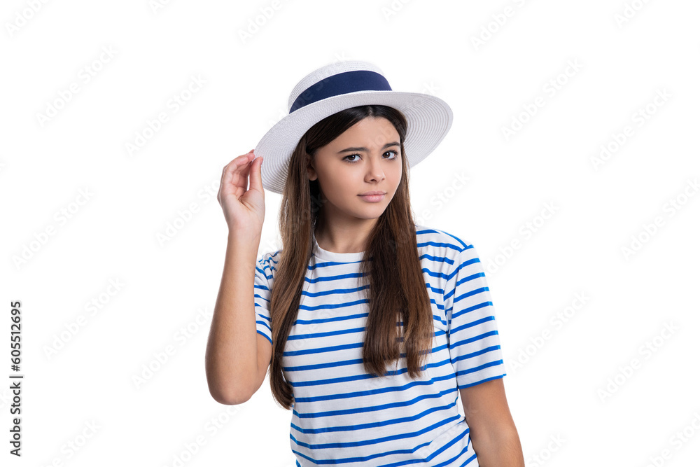 photo of summer stylish confused teen girl wearing hat. summer stylish teen girl isolated on white. photo of summer stylish confused teen girl wearing hat. summer stylish teen girl isolated on white.