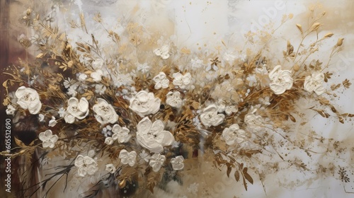 White flowers textured backdrops background with a lot of little ethereal florals, Chinese floral painting, white cream and tan colors with gold accents Generative AI 