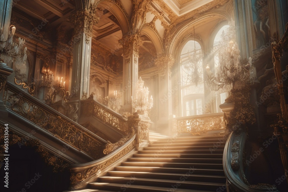 A romantic view of enchanting palaces and majestic kingdoms showcasing delicate shades and luminous rays. Generative AI