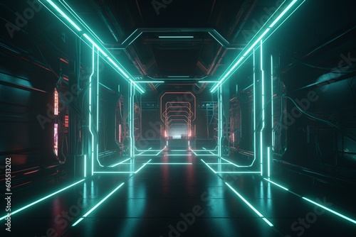 Futuristic digital tunnel with neon lights. Generative AI