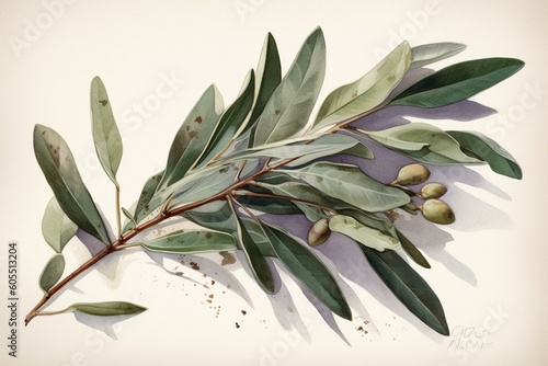 Illustration of olive and eucalyptus leaves in watercolor style. Generative AI