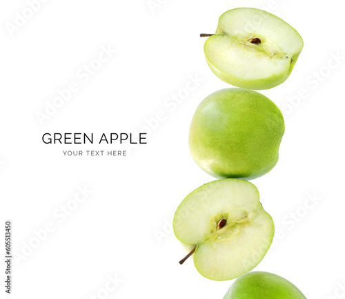 Creative layout made of green apple on white background. Flat lay. Food concept. Macro  concept. photo