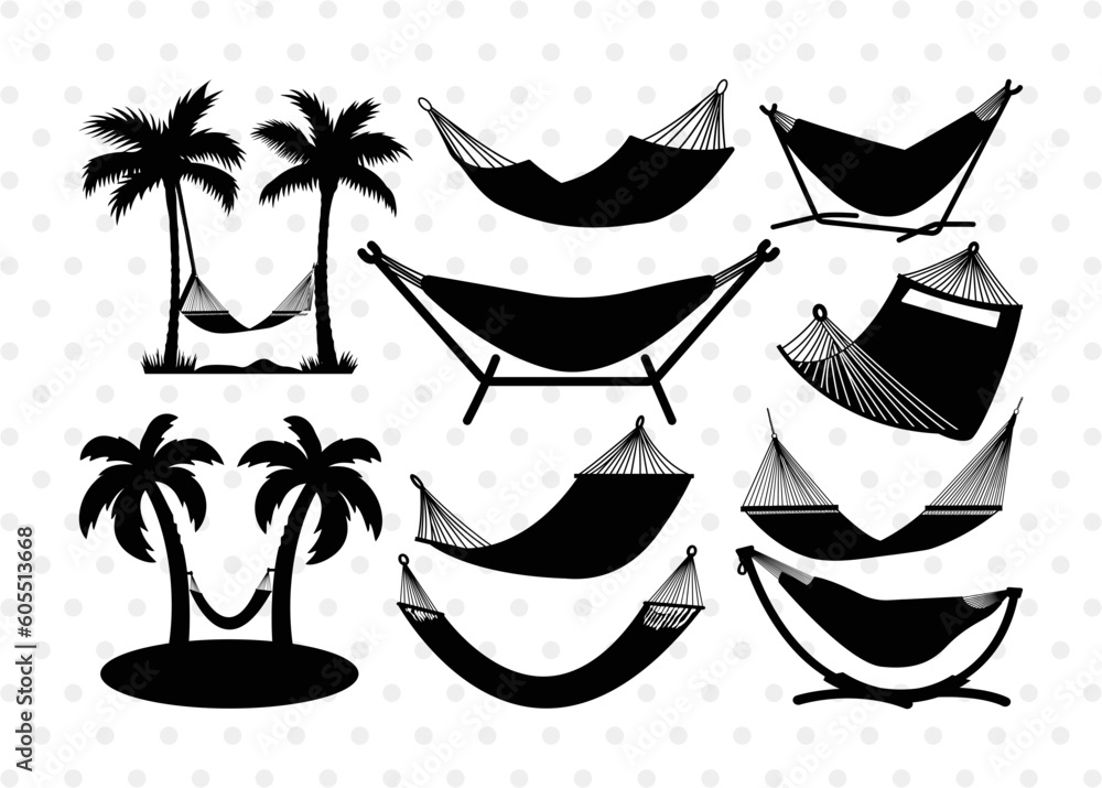 Hammock SVG Cut Files | Hammock Silhouette | Summer Hammock Svg | Palm Tree Svg | Beach Hamak Svg | Relax Hammock Svg | Hammock Bundle - obrazy, fototapety, plakaty 