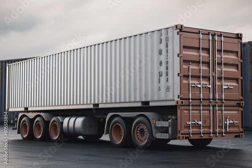 A cargo truck with a container moving left to right in front side view. Logistics concept. 3D illustration on white background. Generative AI
