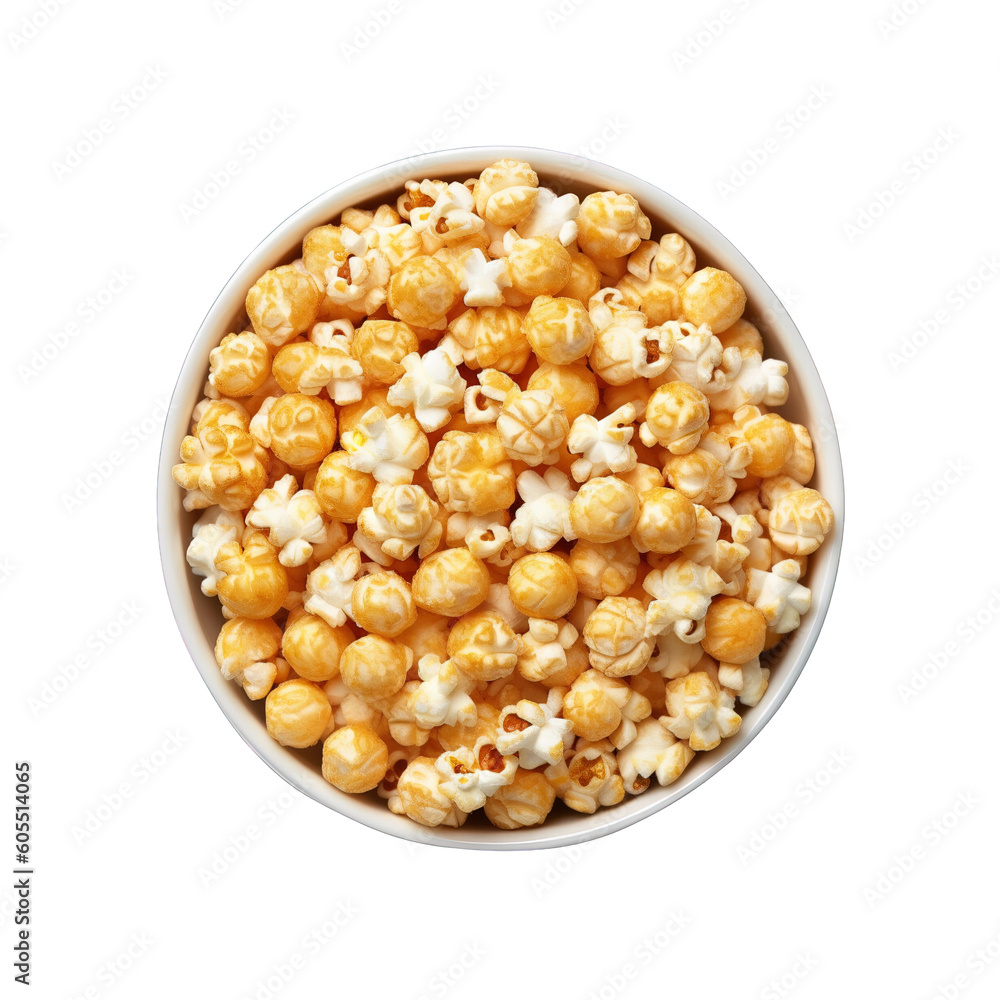 top view popcorn in bowl isolated on transparent background. Created with Generative AI Technology top view popcorn in bowl isolated on transparent background. Created with Generative AI Technology