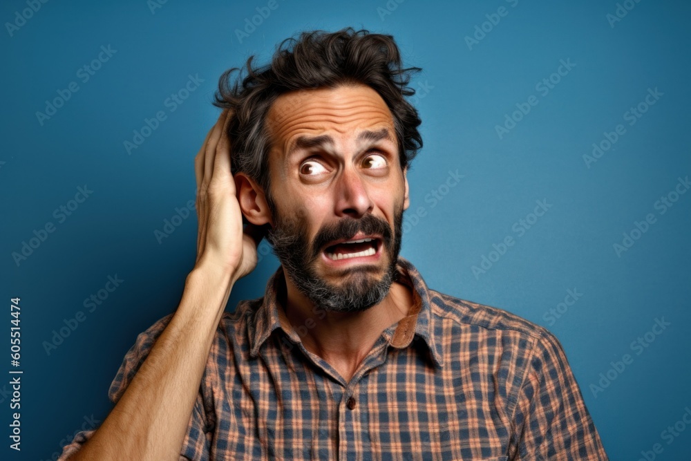 A frustrated man wearing casual attire, expressing exasperation by facepalming against a clean, solid-colored blue background. Frustration and scared facial expression. Generative AI illustration. A frustrated man wearing casual attire, expressing exasperation by facepalming against a clean, solid-colored blue background. Frustration and scared facial expression. Generative AI illustration.