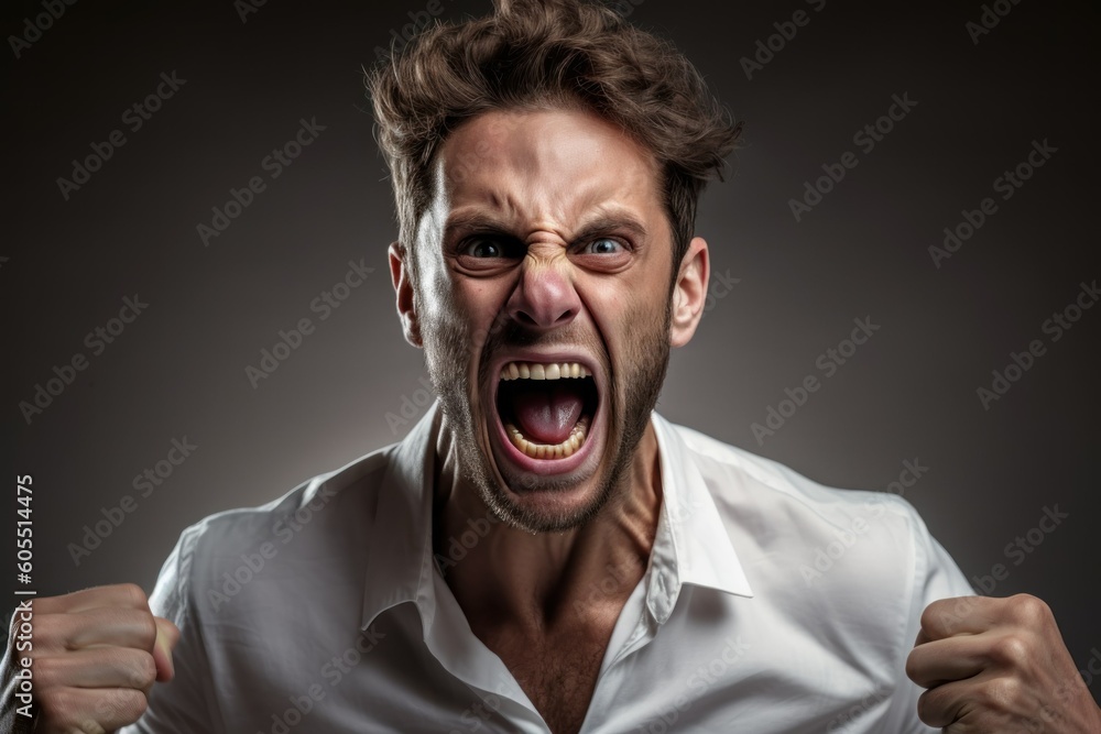 A person screaming of rage. Man yelling, open mouth mad face expression