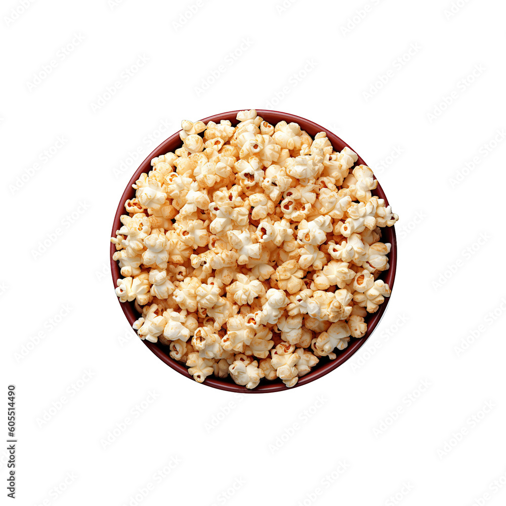 top view popcorn in bowl isolated on transparent background. Created with Generative AI Technology top view popcorn in bowl isolated on transparent background. Created with Generative AI Technology