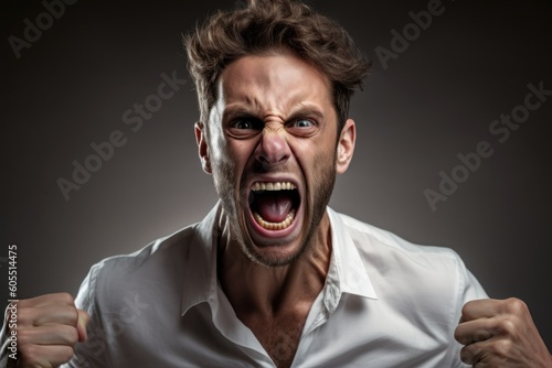 A person screaming of rage. Man yelling, open mouth mad face expression. Anger and frustration facial expression. Generative AI illustration.  © Tuyres