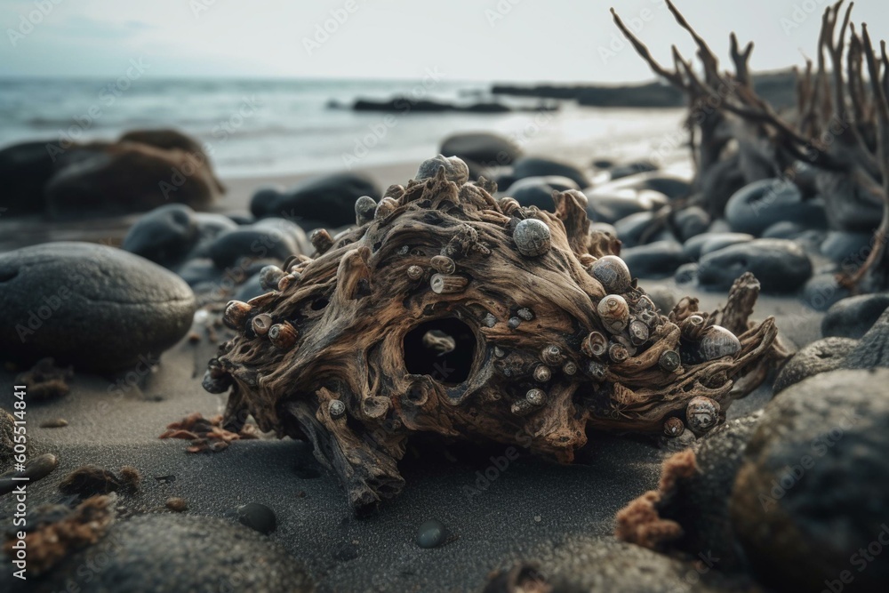 Artwork made from driftwood found on the seaside. Generative AI