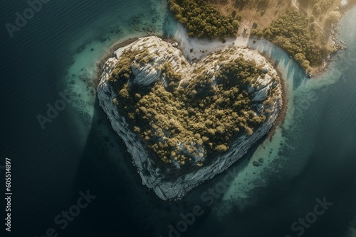 Bird's eye view of heart-shaped uninhabited island terrain. Generative AI