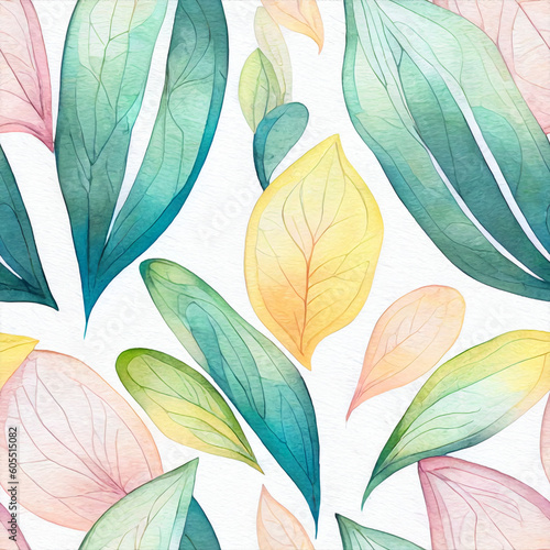 Whimsical Watercolor: A Natural Spring Pattern of Modern Decorative Leaves in a Refreshing Seamless Design