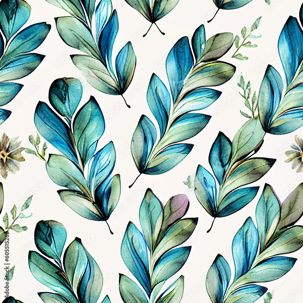 Fototapeta premium Whimsical Watercolor: A Natural Green Spring Pattern of Modern Decorative Leaves in a Refreshing Seamless Design