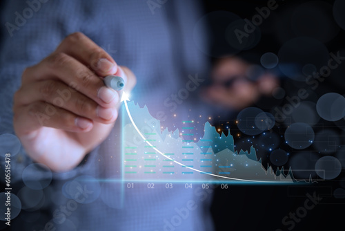 Investor growth chart and investment analysis concept of business growth in stocks, profits, development and success. Presentation of financial market graphs on stock market developments and profits.