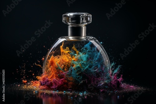 Abstract perfume bottle with colored sand paint splash. Generative AI