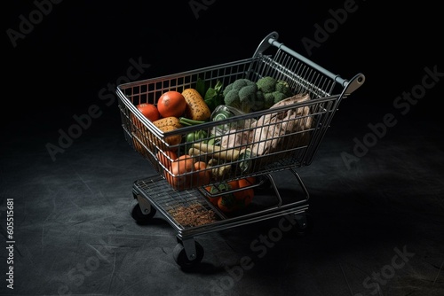 Grocery cart with food, up arrow, down coins & space to add text. Generative AI
