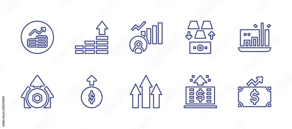 Increase and decrease line icon set. Editable stroke. Vector illustration. Containing graph, growth, social growth, gold ingots, profit, investment, revenue, increase, earnings, economic.