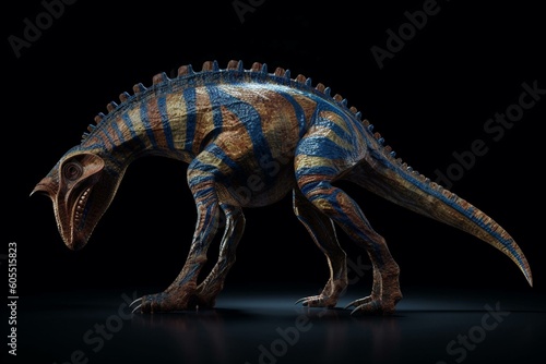 3D rendering of a brown parasaurolophus dinosaur with blue stripes, shown in profile on a white background. Generative AI photo