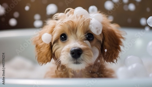 Pampered Pooch: An Adorable Puppy Finds Relaxation in the Bath, generative AI