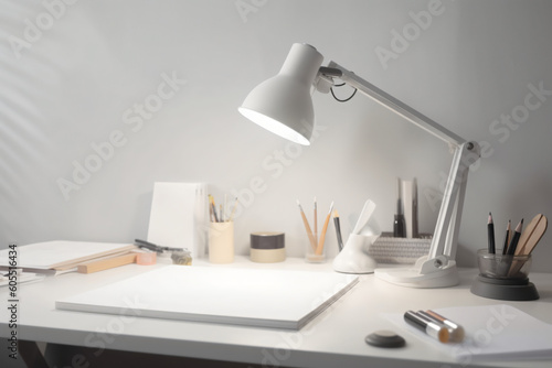 art studio desktop with supplies, lamp, open blank canvas © KP Designs