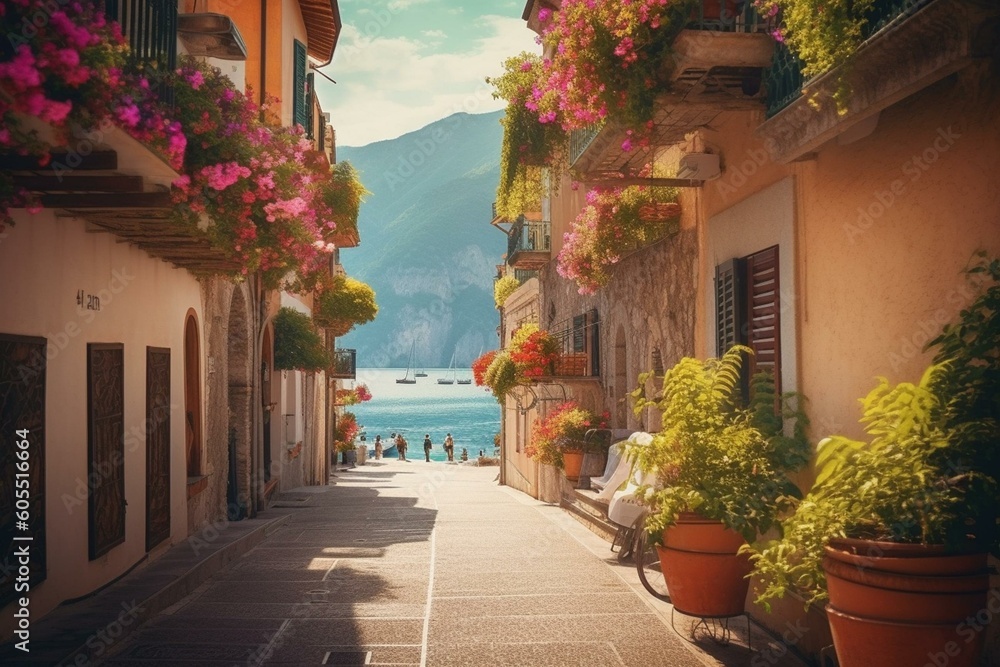 Flower-lined old town street in Italy, mountains in the distance, boats on the sea. Beautiful landscape painting. Generative AI