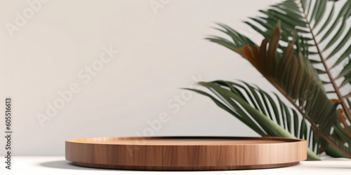 Round wooden empty platform display with palm leaves background for product showcase, copy space, advertising, design
