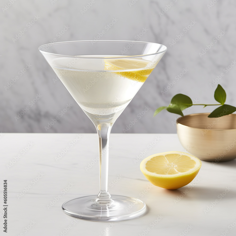Vesper cocktail with a clean and minimalist aesthetic. Reverse Vesper Martini drink in a bar environment. Realistic 3D illustration. Generative AI Vesper cocktail with a clean and minimalist aesthetic. Reverse Vesper Martini drink in a bar environment. Realistic 3D illustration. Generative AI