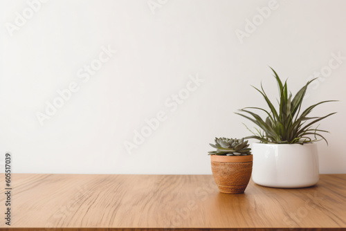 wood table with potted plants in vases, plain white background