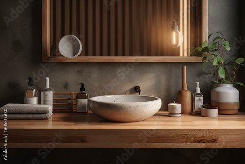 Minimal cozy counter design for product presentation with Japan bathroom style. AI generated. Generative AI