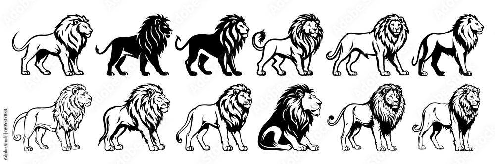Fototapeta premium Lion silhouettes set, large pack of vector silhouette design, isolated white background