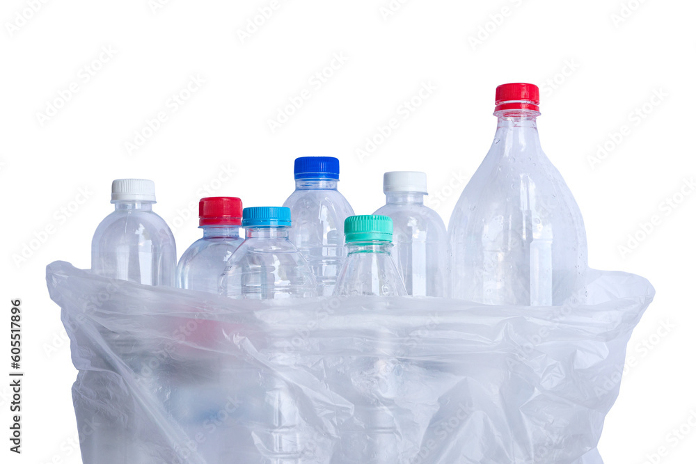 Plastic bottles in a plastic bag, isolated. Transparent background. Plastic bottles in a plastic bag, isolated. Transparent background.