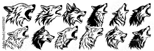 Wolf silhouettes set, large pack of vector silhouette design, isolated white background