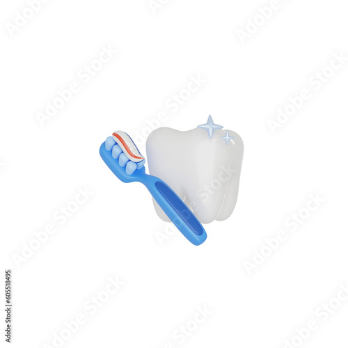 Tooth with toothbrush and toothpaste 3D render icon isolated white background.