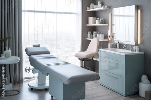 Modern Medical Spa Interior with Cosmetologist Cabinet and Massage Table, generative AI © Ash