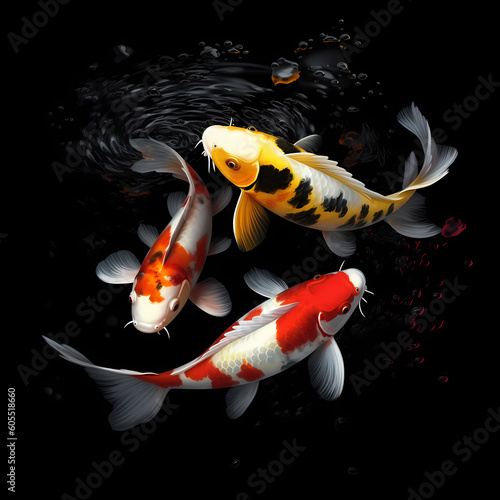 Red White Yellow Koi Fish Swimming In Black Background Illustration