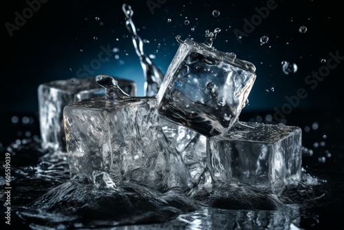Ice cubes dropping in water. Generative AI