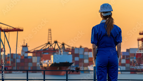 a worker standing on the right from behind on a deck watching a busy port, ships and containers, golden hour. Generative AI.