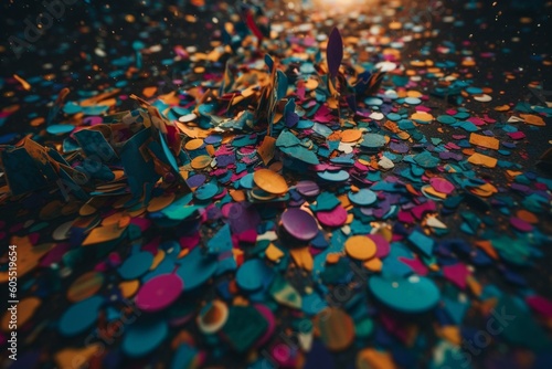 A detailed view of a vibrant confetti piece with intricate patterns and shapes. Generative AI