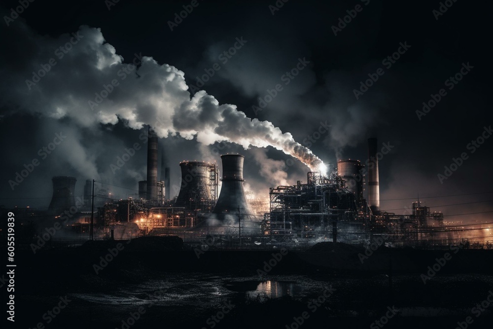 Grey industrial pollution emits from coal plant on black background. Generative AI