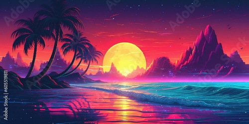 Aesthetic beach synthwave retrowave wallpaper with a cool and vibrant neon design  Generative AI