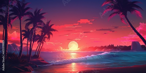 Aesthetic beach synthwave retrowave wallpaper with a cool and vibrant neon design, Generative AI © Intelligence Studio