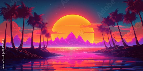 Aesthetic beach synthwave retrowave wallpaper with a cool and vibrant neon design, Generative AI