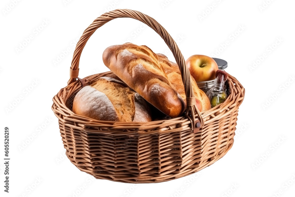 A filled picnic basket isolated on a transparent or white background. Generative AI