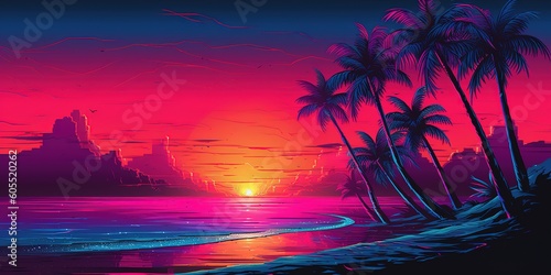Aesthetic beach synthwave retrowave wallpaper with a cool and vibrant neon design  Generative AI